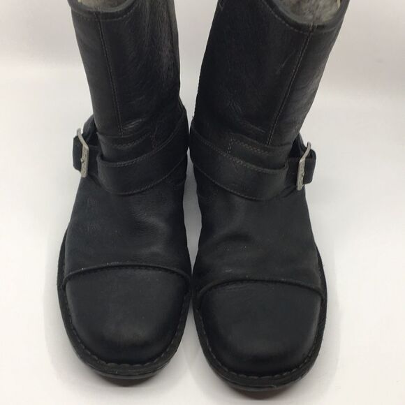 UGG Australia Lancing Black Leather Sherpa Lined Mid Ankle Moto Boots Sz 12 - Picture 5 of 16